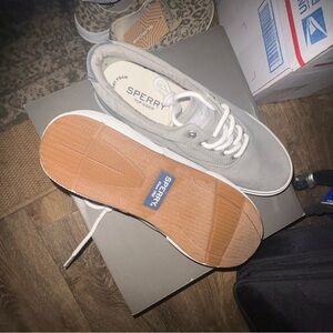 Sperry Men's Light Gray Canvas Boat Shoes with White Laces